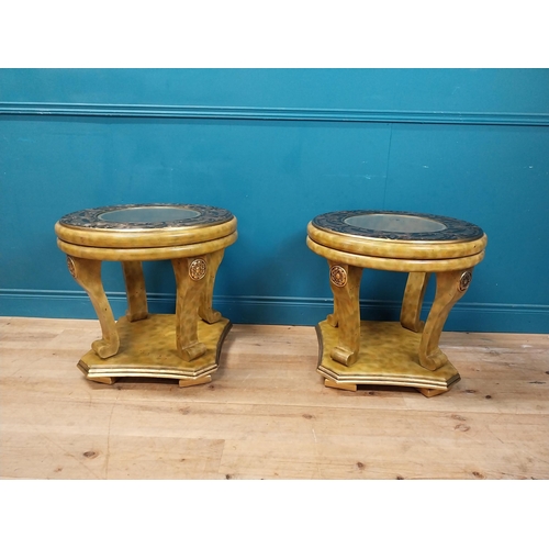 70 - Pair of painted pine lamp tables with inset glass top {63 cm H x 65 cm Dia.}.