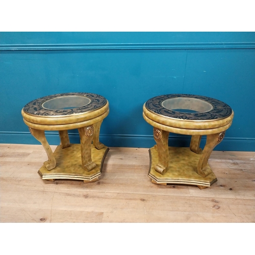 70 - Pair of painted pine lamp tables with inset glass top {63 cm H x 65 cm Dia.}.