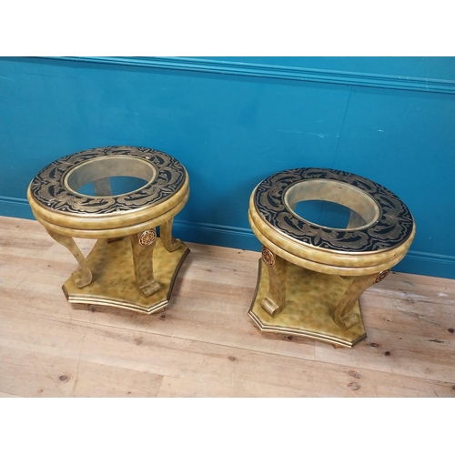 70 - Pair of painted pine lamp tables with inset glass top {63 cm H x 65 cm Dia.}.