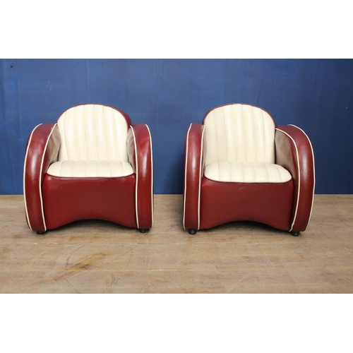 753 - Pair of retro red and white leather upholstered club chairs. { 80cm HX 75cm W X 60cm D }.