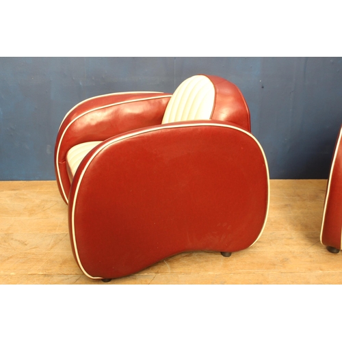 753 - Pair of retro red and white leather upholstered club chairs. { 80cm HX 75cm W X 60cm D }.