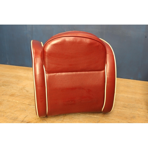 753 - Pair of retro red and white leather upholstered club chairs. { 80cm HX 75cm W X 60cm D }.