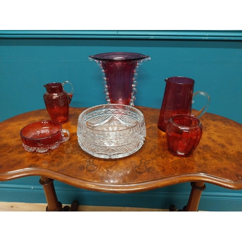 757 - Collection six Ruby glass pieces and cut crystal bowl {Vase 22 cm H x 20 cm W x 16 cm D and Bowl 9 c... 