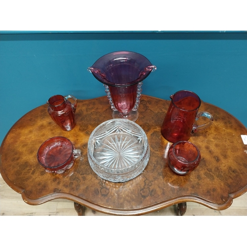 757 - Collection six Ruby glass pieces and cut crystal bowl {Vase 22 cm H x 20 cm W x 16 cm D and Bowl 9 c... 