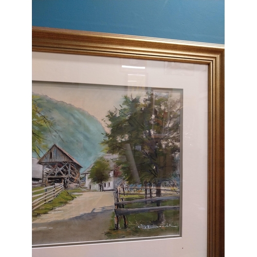 761 - Framed watercolour - Farmyard Scene. {60 cm H x 75 cm W} { cm H  cm W cm D}.