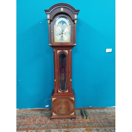 765 - Exceptional quality inlaid mahogany and brass long cased clock with silvered brass rolling moon arch... 