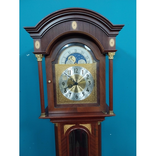 765 - Exceptional quality inlaid mahogany and brass long cased clock with silvered brass rolling moon arch... 