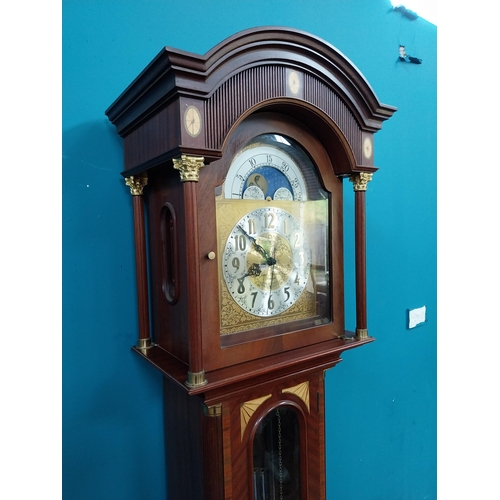 765 - Exceptional quality inlaid mahogany and brass long cased clock with silvered brass rolling moon arch... 