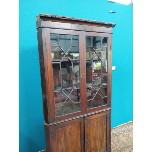 766 - Georgian mahogany corner cupboard the two astragal glazed doors over two blind doors raised on brack... 