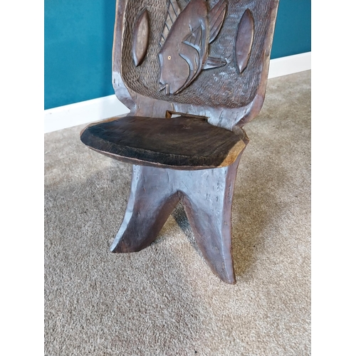 768 - Carved hardwood birthing chair { 110cm H X 36cm W X 60cm D }. { cm H  cm W cm D}.