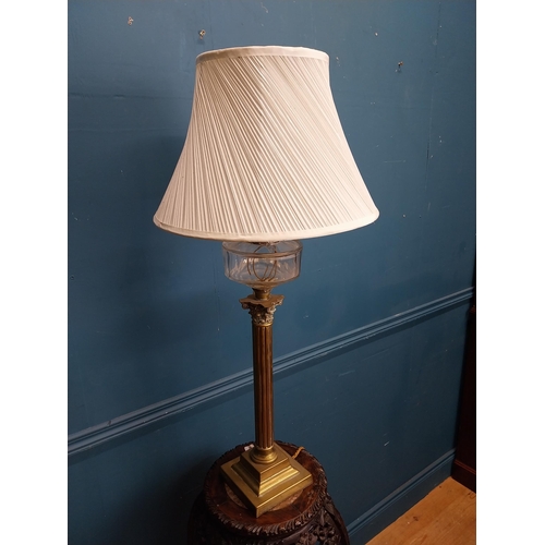 78 - 19th C. brass corinthian column table lamp with cut glass bowl and cloth shade originally from Luttr... 