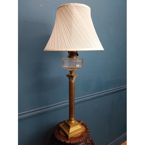 78 - 19th C. brass corinthian column table lamp with cut glass bowl and cloth shade originally from Luttr... 