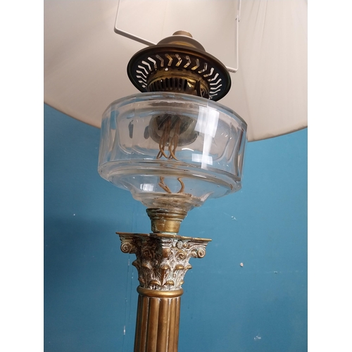 78 - 19th C. brass corinthian column table lamp with cut glass bowl and cloth shade originally from Luttr... 