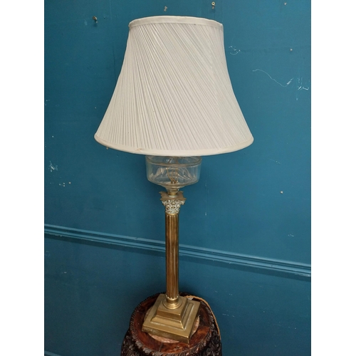 78 - 19th C. brass corinthian column table lamp with cut glass bowl and cloth shade originally from Luttr... 