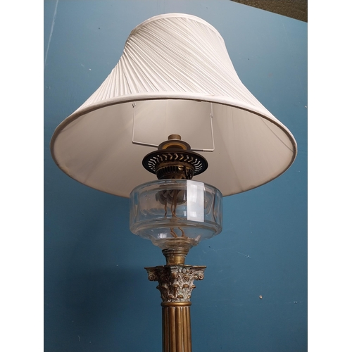 78 - 19th C. brass corinthian column table lamp with cut glass bowl and cloth shade originally from Luttr... 