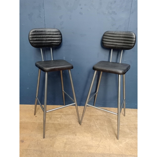 780 - Pair of metal high backed stools with ribbed upholstery { 107cm H X 36cm W X 40cm D }.