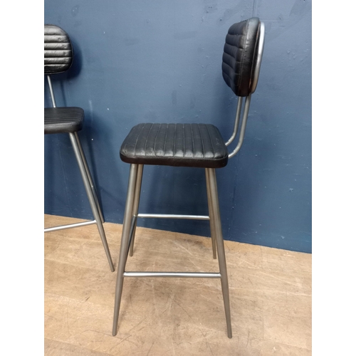 780 - Pair of metal high backed stools with ribbed upholstery { 107cm H X 36cm W X 40cm D }.