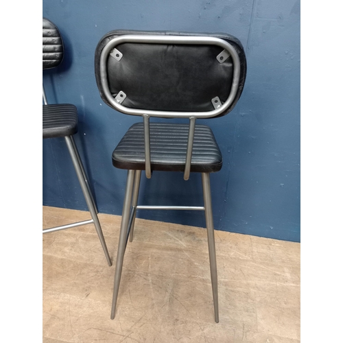 780 - Pair of metal high backed stools with ribbed upholstery { 107cm H X 36cm W X 40cm D }.