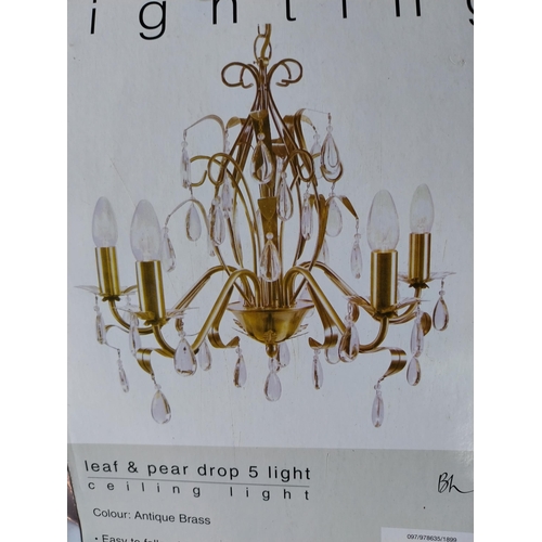 781 - Brushed brass five branch crystal chandelier - unused new in box {Drop 97 cm H}.{ cm H  cm W cm D}.