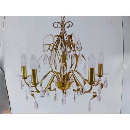 781 - Brushed brass five branch crystal chandelier - unused new in box {Drop 97 cm H}.{ cm H  cm W cm D}.