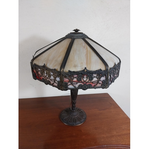 82 - Gilded bronze and stained glass lamp in the Art Nouveau Tiffany style {56 cm H x 44 cm Dia.}.