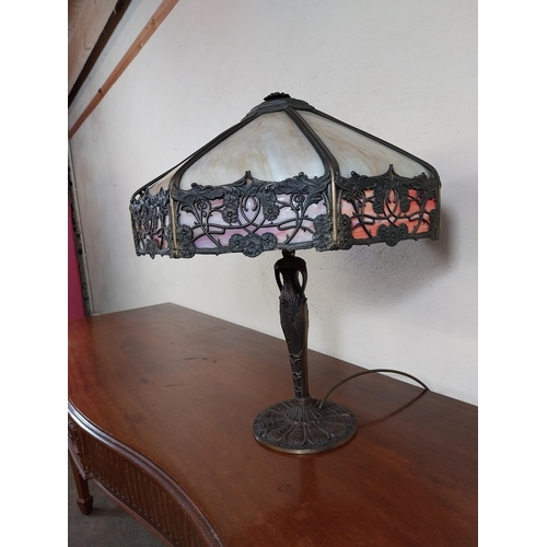 82 - Gilded bronze and stained glass lamp in the Art Nouveau Tiffany style {56 cm H x 44 cm Dia.}.