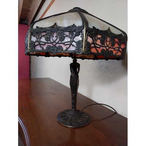 82 - Gilded bronze and stained glass lamp in the Art Nouveau Tiffany style {56 cm H x 44 cm Dia.}.