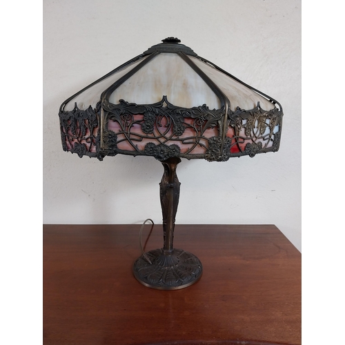 82 - Gilded bronze and stained glass lamp in the Art Nouveau Tiffany style {56 cm H x 44 cm Dia.}.