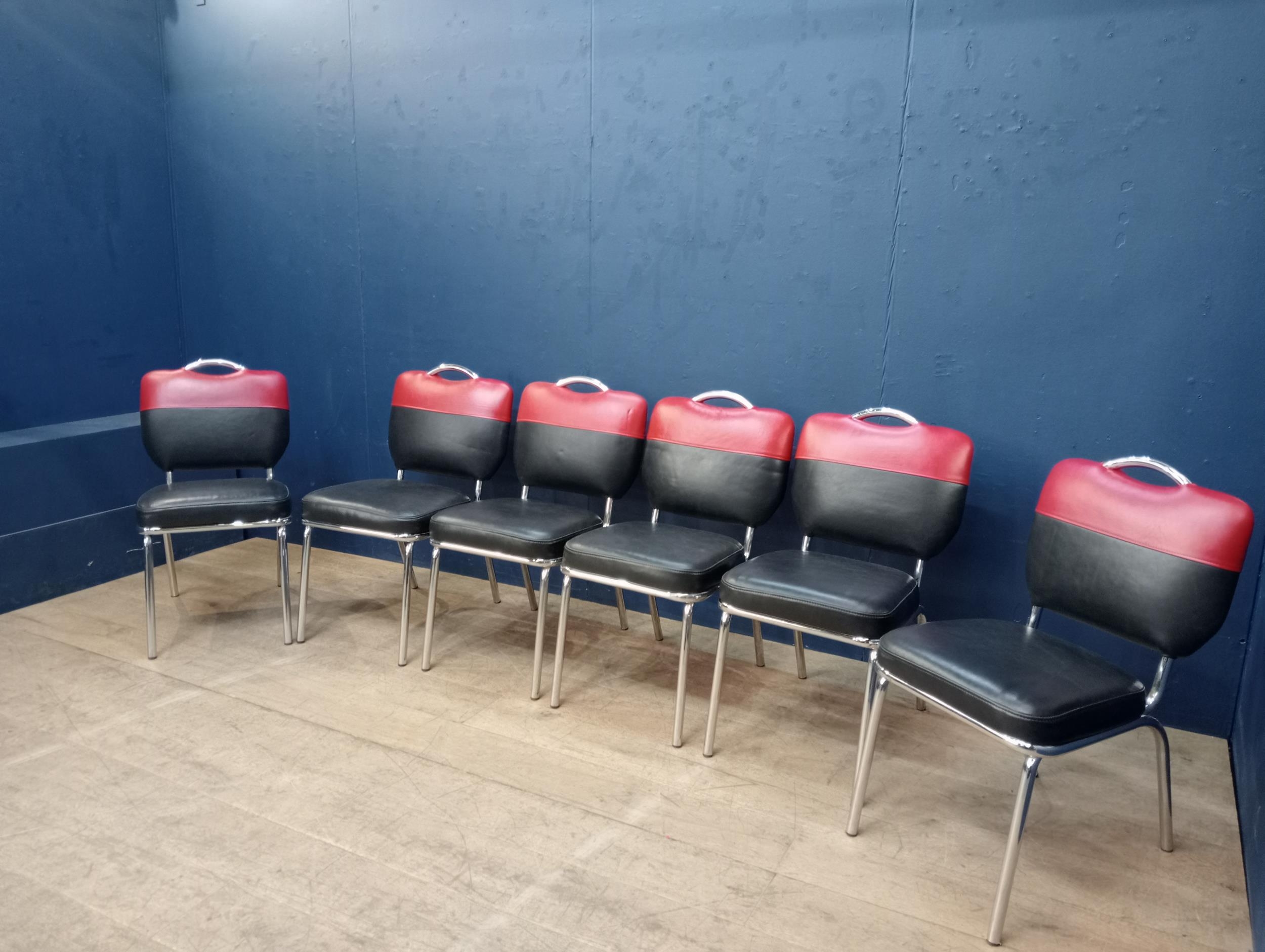 Set of six chrome Retro American style dining chairs. { 85cm H X 44cm W
