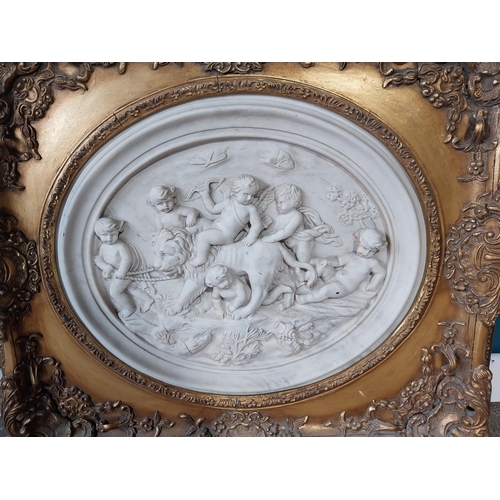 850 - Marble resin Grecian plaque mounted in giltwood frame. {75 cm H x 84 cm W}.{ cm H  cm W cm D}.