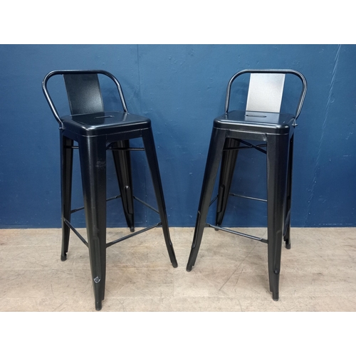 852 - Pair of metal Tolex breakfast bar stools. { 93cm H X 30cm W X 32cm D ].