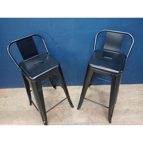 852 - Pair of metal Tolex breakfast bar stools. { 93cm H X 30cm W X 32cm D ].