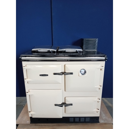 856 - Rayburn oil fired enamel two oven cooker { 105cm H X 90cm W X 65cm D }.