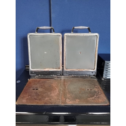 856 - Rayburn oil fired enamel two oven cooker { 105cm H X 90cm W X 65cm D }.