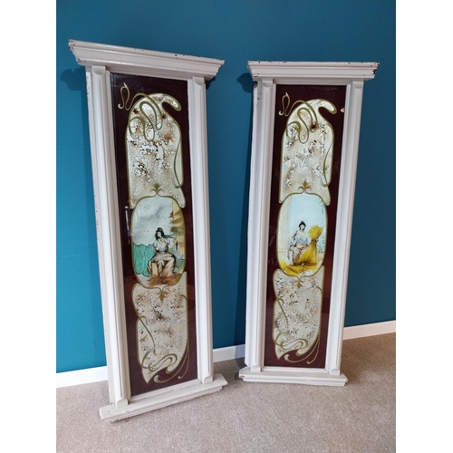 859 - Rare pair of Art Nouveau Oriental reverse glass panels mounted in painted mahogany frames {186 cm H ... 