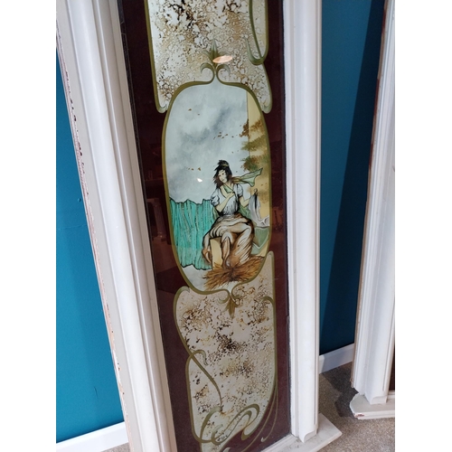 859 - Rare pair of Art Nouveau Oriental reverse glass panels mounted in painted mahogany frames {186 cm H ... 