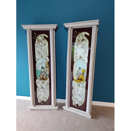 859 - Rare pair of Art Nouveau Oriental reverse glass panels mounted in painted mahogany frames {186 cm H ... 