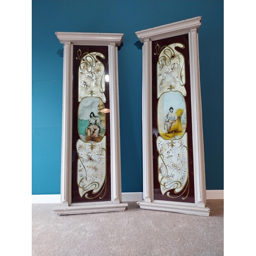 859 - Rare pair of Art Nouveau Oriental reverse glass panels mounted in painted mahogany frames {186 cm H ... 