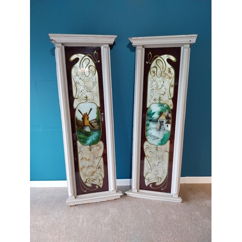 860 - Rare pair of Art Nouveau Oriental reverse glass panels mounted in painted mahogany frames {186 cm H ... 