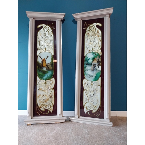 860 - Rare pair of Art Nouveau Oriental reverse glass panels mounted in painted mahogany frames {186 cm H ... 