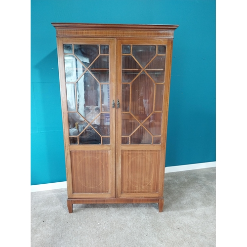 865 - Edwardian mahogany and satinwood line press with two astral glazed doors raised on square tapered le... 