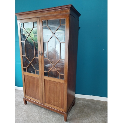 865 - Edwardian mahogany and satinwood line press with two astral glazed doors raised on square tapered le... 