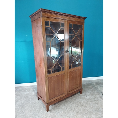 865 - Edwardian mahogany and satinwood line press with two astral glazed doors raised on square tapered le... 