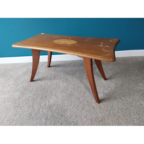 867 - 1950's mahogany inlaid coffee table raised on square reeded legs {45cm H x 90cm W x 45cm D}