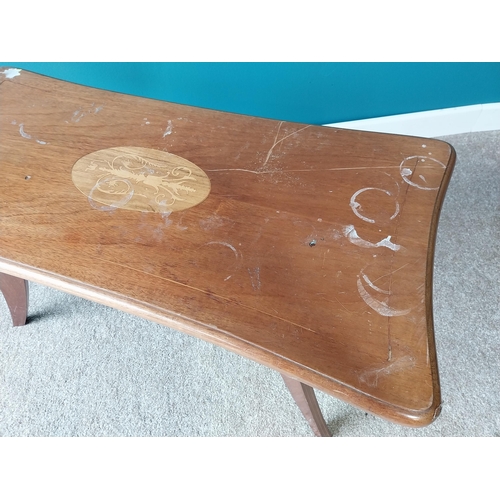 867 - 1950's mahogany inlaid coffee table raised on square reeded legs {45cm H x 90cm W x 45cm D}