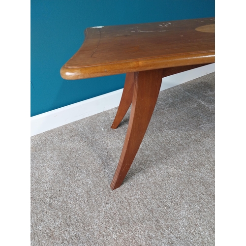 867 - 1950's mahogany inlaid coffee table raised on square reeded legs {45cm H x 90cm W x 45cm D}