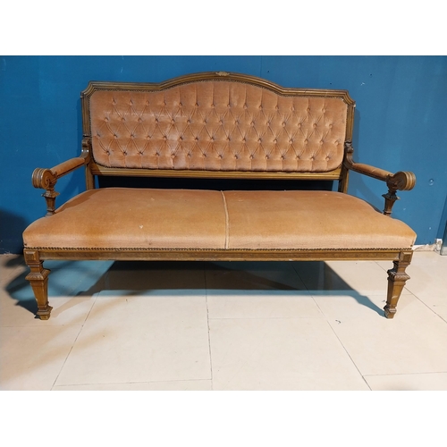 868 - Edwardian carved walnut and upholstered window seat raised on square tapered legs {95 cm H x 150 cm ... 