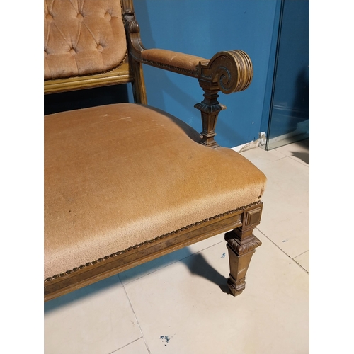 868 - Edwardian carved walnut and upholstered window seat raised on square tapered legs {95 cm H x 150 cm ... 