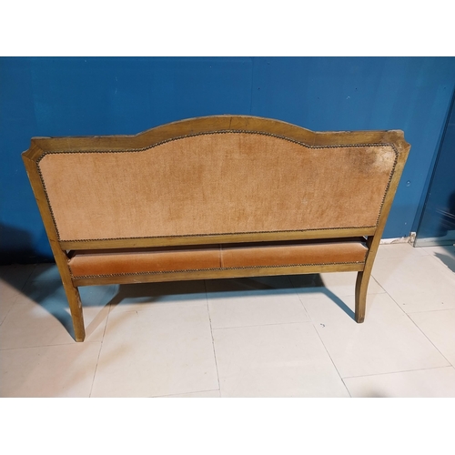 868 - Edwardian carved walnut and upholstered window seat raised on square tapered legs {95 cm H x 150 cm ... 