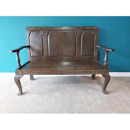 877 - Early 19th C. Oak hall bench with panelled back raised on cabriole legs {103cm H x 151cm W x 60cm D}